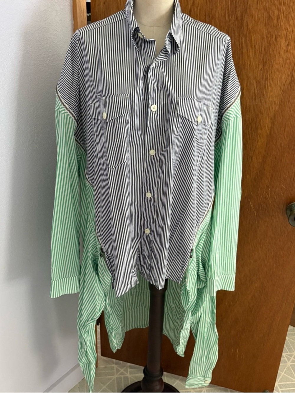 FACETASM sz 4 Double Shirt High Low Blue Green Striped Long Sleeve Zipper